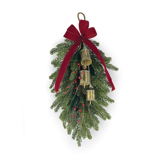 Melrose 32" Green Fresh Touch Pine, Berry with Bells & Bow Swag